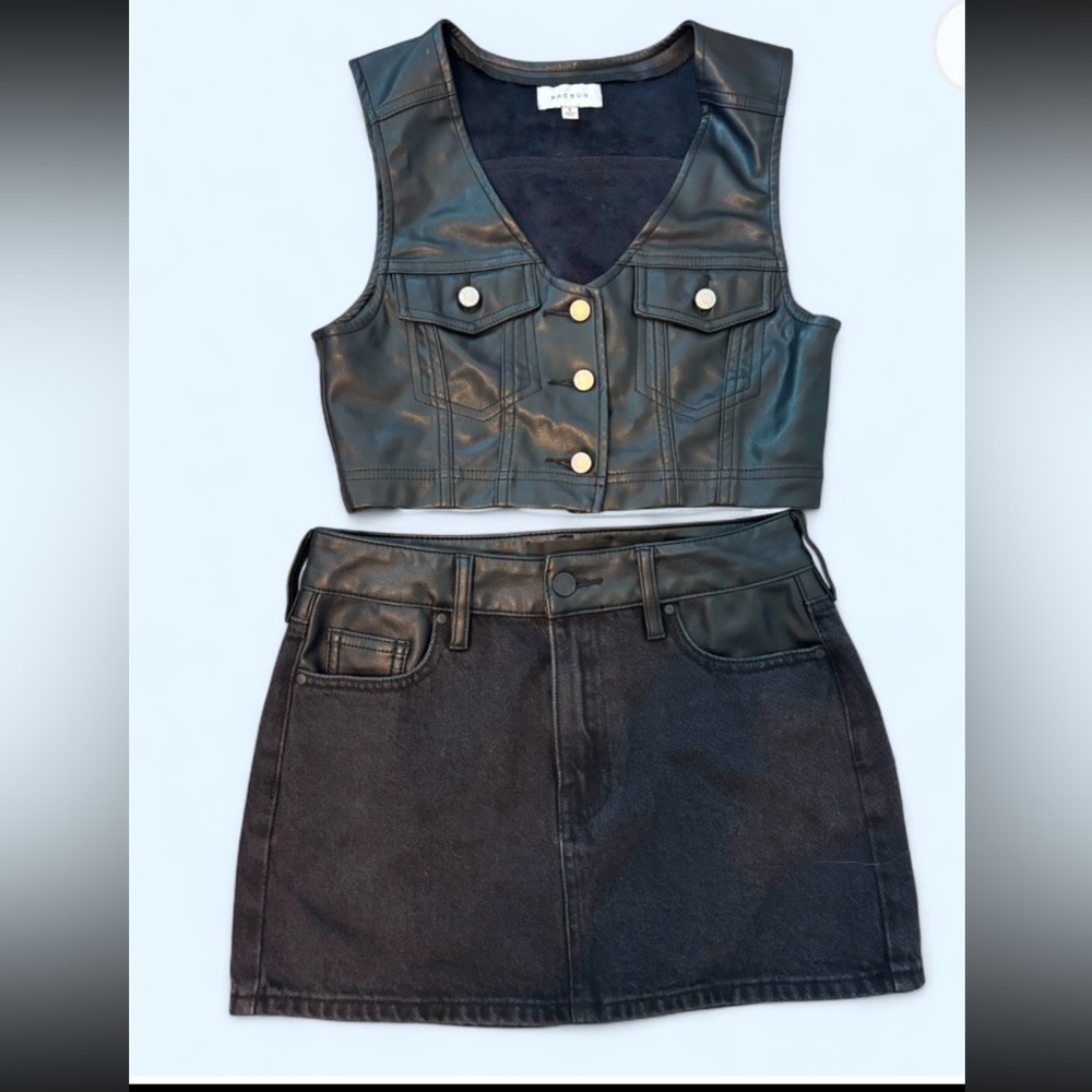 Black Faux Leather Vest and Skirt Set